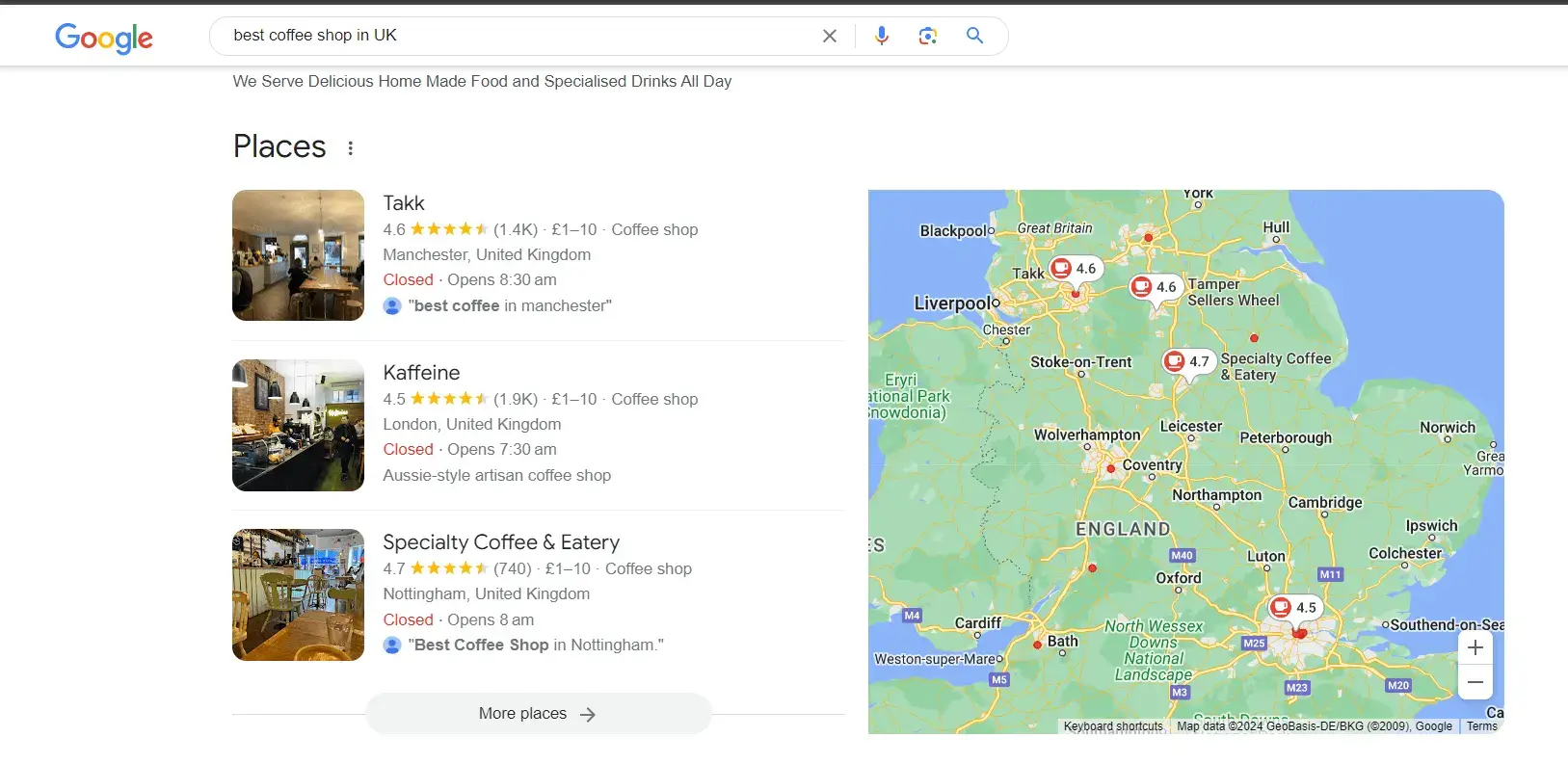 Local seo service example showing map pack for best coffee shop in UK