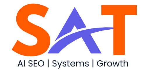 Saad Ahmed Turk - Main Logo Orange Letters + tagline that Says AI SEO , Systems , Growth